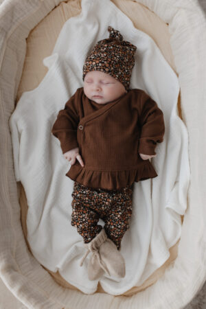 Combi set | Broekje + mutsje | Bloemen bruin